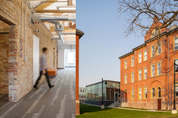 2 pictures side by side of Humber College Lakeshore. Left side is the interior of a building. Right side is exterior of the building